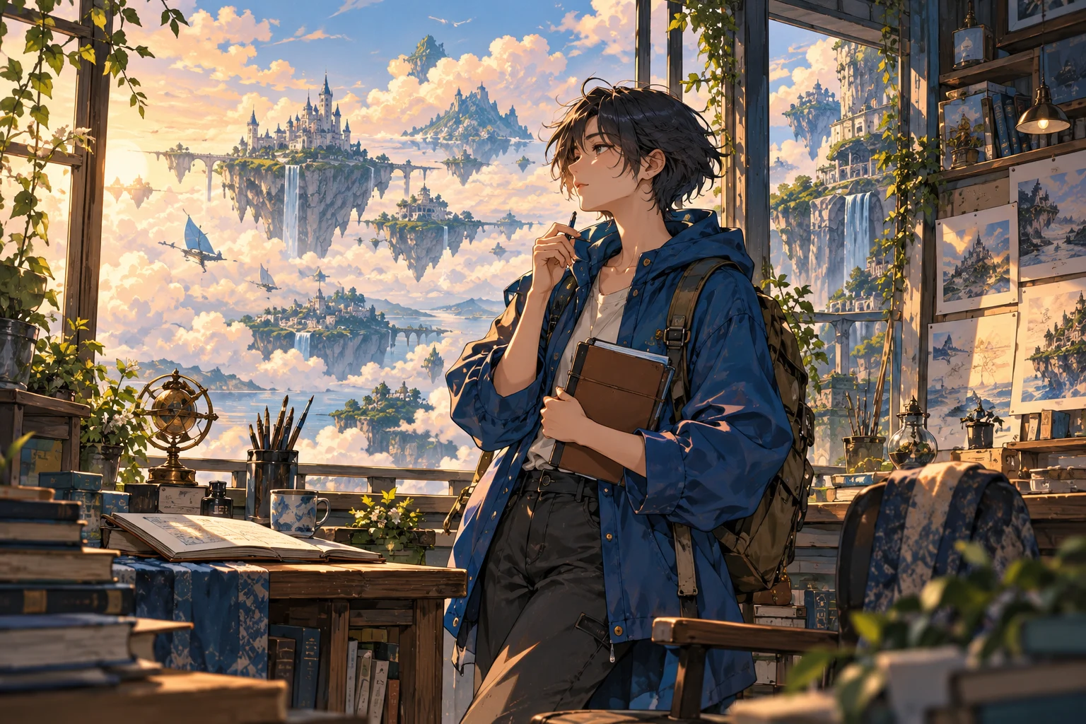 原创动漫插画：手持笔记本的创作者，在工作室窗边遥望云海浮岛。